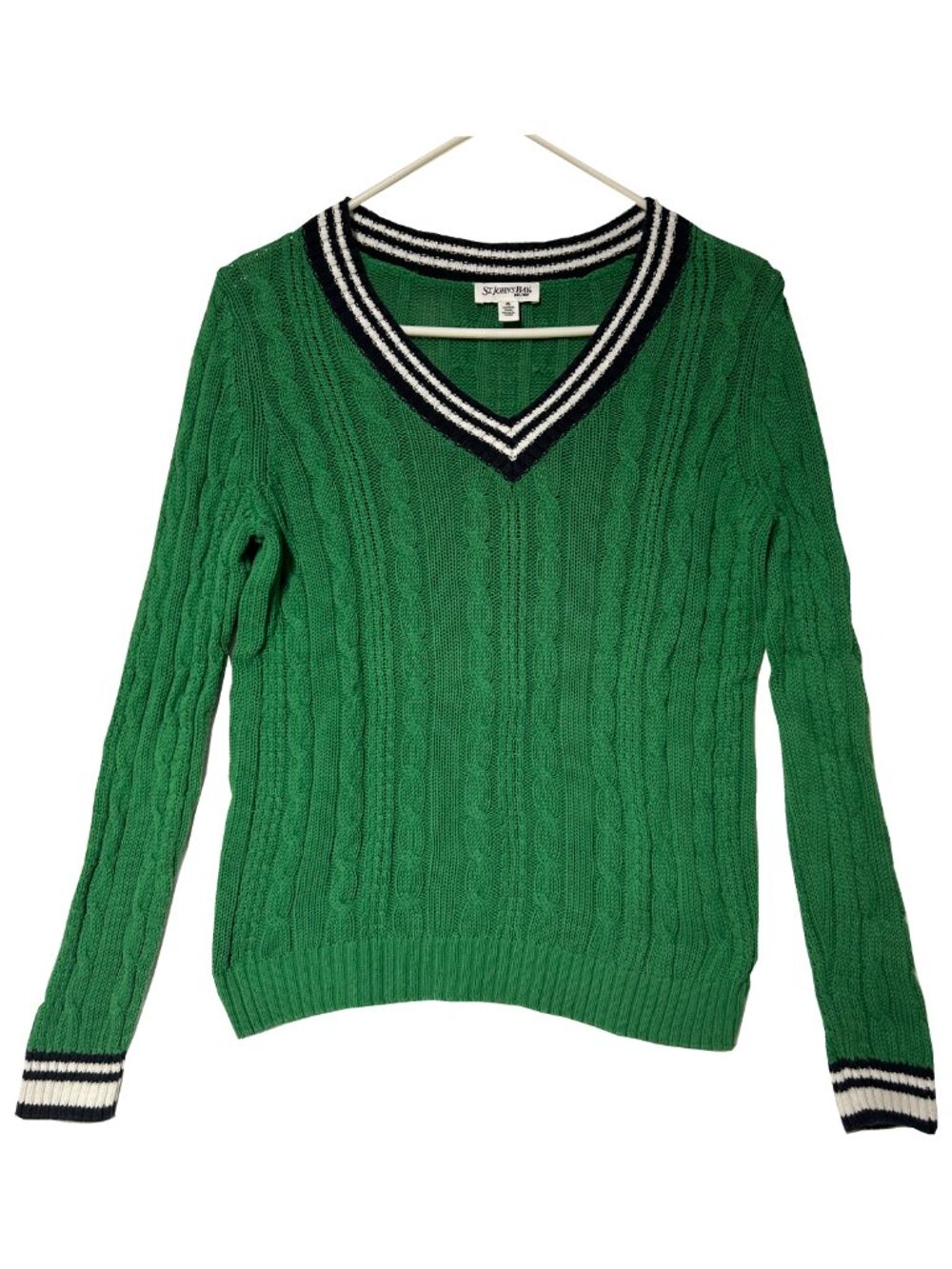 Women's St. John's Bay Kelly Green, Navy, and White V-Neck Long-Sleeve Sweater